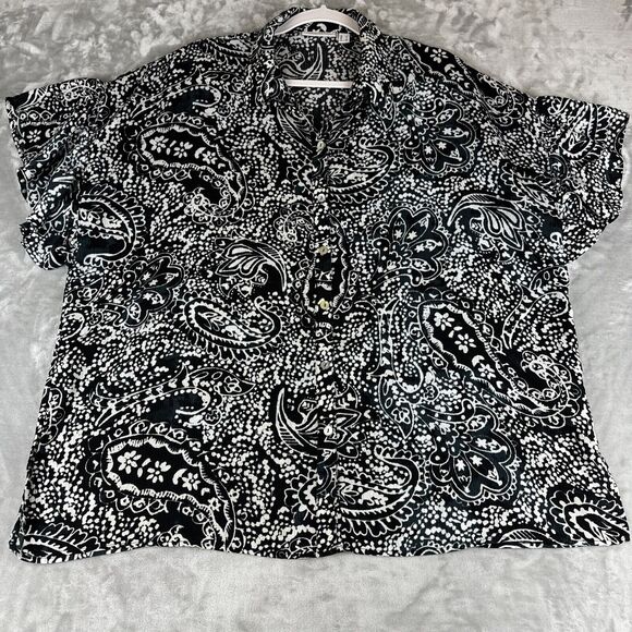 Susan Graver Button Up Blouse Womens L Black White Paisley Flutter Sleeve (1015) - Picture 1 of 9